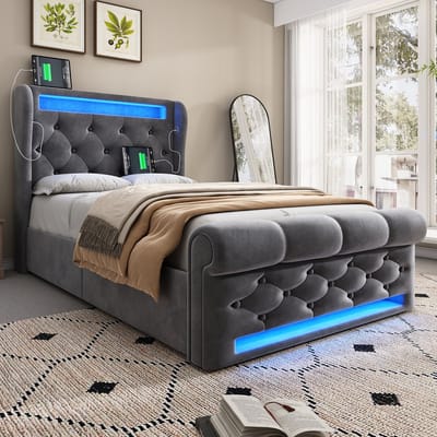 YEHTOKHOME Gestoffeerd Bed 90x200 cm Eenpersoonsbed met LED verlichting - USB C-type oplaadfunctie - Hydraulische hendel - Lattenbodem - Grijs Fluweel (zonder matras)