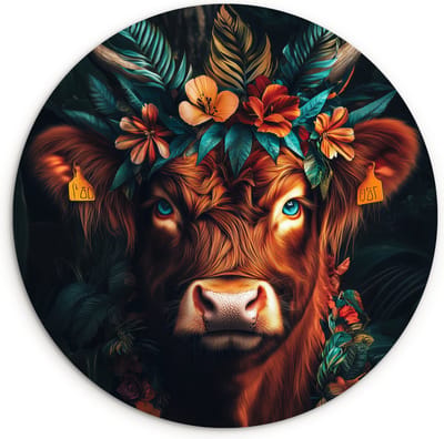 WallCircle® Wandcirkel 120x120 cm - Muurcirkel Schotse Hooglander - Bloemen - Bladeren - Muurdecoratie woonkamer - Wanddecoratie slaapkamer - Kamer decoratie accessoires - Ronde schilderijen XXL
