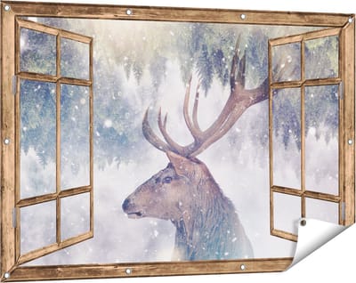 Gards Tuinposter Doorkijk Hertenkop - Hert op een Bomen Achtergrond - 120x80 cm - Tuindoek - Tuindecoratie - Wanddecoratie buiten - Tuinschilderij