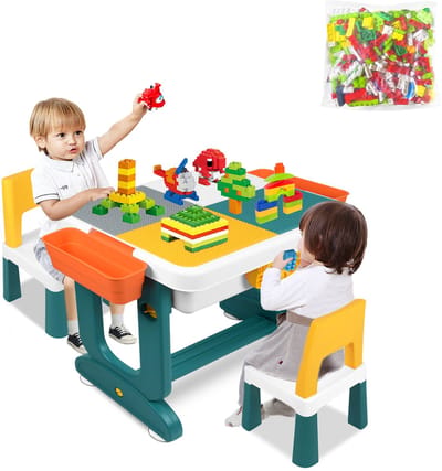 ACXIN Kindertafel met Stoel – Multifunctionele Activiteitentafel voor Kinderen met Opbergbox en Bouwstenen, Speeltafel en Knutseltafel Set voor Jongens en Meisjes