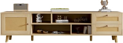 Eikenkleur Spaanplaat Tv Meubel 160x39x40.5cm Woonkamer Opberg Rieten Deuren Verstelbare Poten