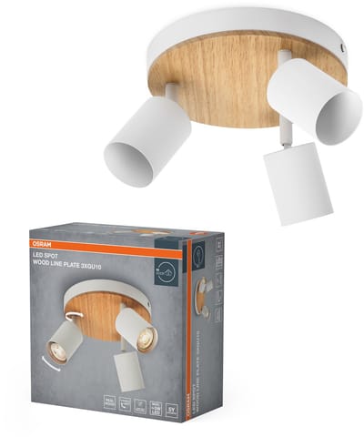 OSRAM LED Spot Wood Line Plaat Plafondspot 3x GU10, Wit/Hout decor, Plaat 200mm, Staal/Rubberhout, draaibaar
