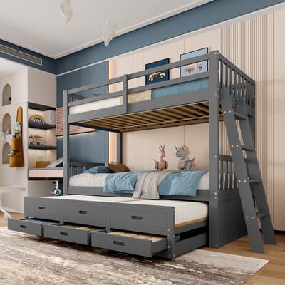 Clruro Stapelbed - 90x200 cm - Huisbed met Uitschuifbed - 3 Lades en Ladder - Grenenhout - Grijs