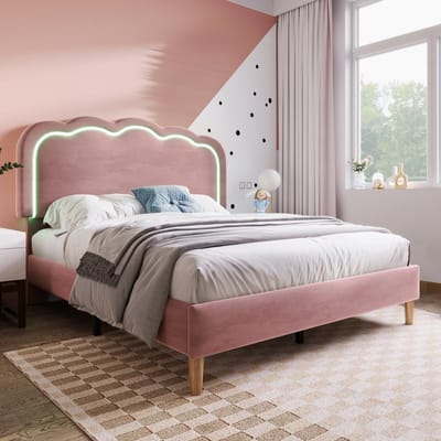 MEUNIQ tweepersoons bedframe 140 x 200 cm met LED-hoofdbord, verstelbaar hoofdeinde en lattenbodem, gestoffeerd fluwelen bed voor slaapkamer, roze