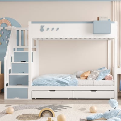 DESMIU Stapelbed 90x200 cm – Kinderbed Met Afneembaar Opbergvak – Met Opbergladder En Laden – Voor Kinderkamer – Hout – Wit En Blauw – Zonder Matras