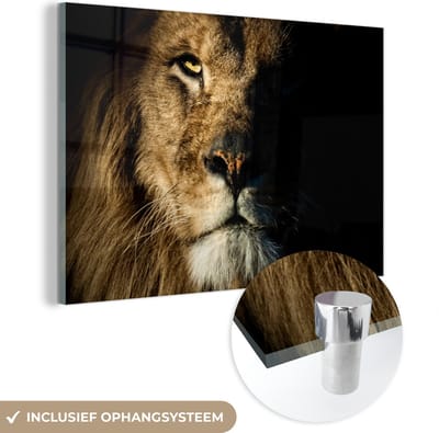 MuchoWow® Glasschilderij 120x80 cm - Schilderij acrylglas - Leeuw - Licht - Zwart - Foto op glas - Schilderijen