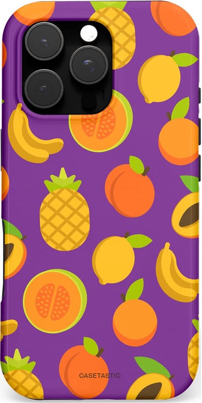Casetastic hoesje geschikt voor Apple iPhone 16 Pro - MagSafe - Dubbellaagse bescherming - Tropisch Fruit Feest - Fashion Case - Lavendel Okergeel Oranje