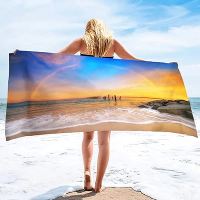 Serviette de plage surdimensionnée, Serviettes sans sable, Serviette de piscine arc-en-ciel extra large, Serviettes de bain rayées douces pour adultes, hommes, femmes, filles 100X50 cm(39X20in)