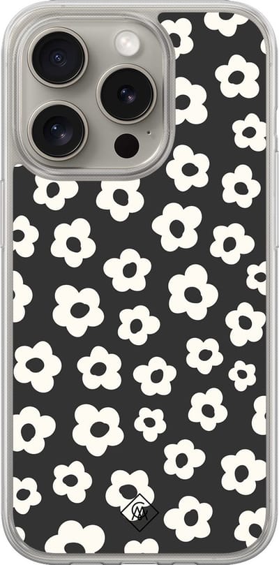 Casimoda® hoesje - Geschikt voor iPhone 15 Pro Max - Retro Bloempjes - 2-in-1 case - Schokbestendig - Bloemen - Verhoogde randen - Zwart, Transparant