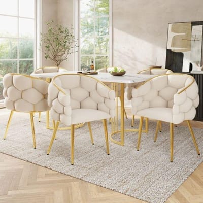 Eettafel - MUVOE - 140 x 80 cm - 6 stoelen - Beige - Modern met marmeren poten