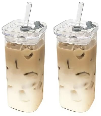 KimDo - Vierkante glazen met waterdichte deksel - 2 stuks - glazen rietjes - 400 ml - drinkglazen - drinkbekers - to go smoothie