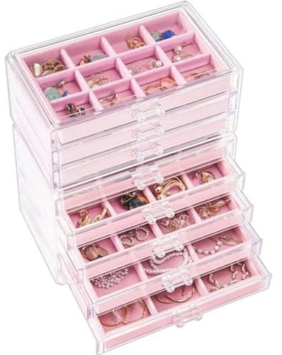 Earring Organiser with 8 Levels and Adjustable Dividers - Jewelry Box with Drawer in Pink