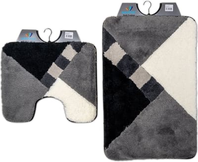 Wicotex - Badmat set met Toiletmat - WC mat met uitsparing Grijs - Zwart - Wit geblokt - Antislip onderkant