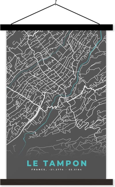 Posterhanger incl. Poster 40x60 cm - Schoolplaat - Stadskaart – Frankrijk – Kaart – Le Tampon – Plattegrond - Textielposter - Zwarte latten - Stadskaart