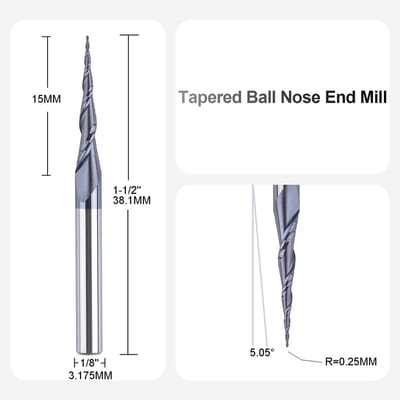 3,175 mm (1/8 inch) conische frees, wolfraamcarbide, geschikt voor snij- en houtbewerking.