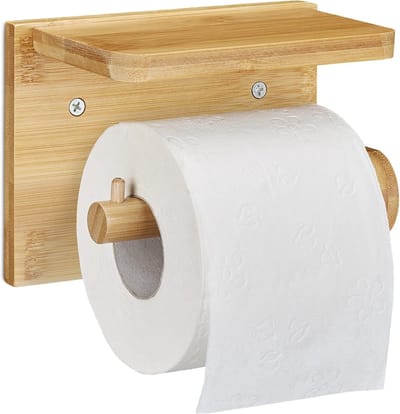 Famanu – Toiletrolhouder met plank voor telefoon en doekjes, wandmontage, bamboe uitvoering, natuurlijke uitstraling
