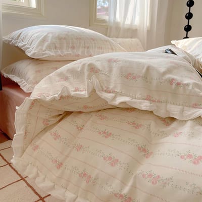 Unyqoos® Stijlvolle katoenen beddenset met bloemenmotief en ruches voor dames