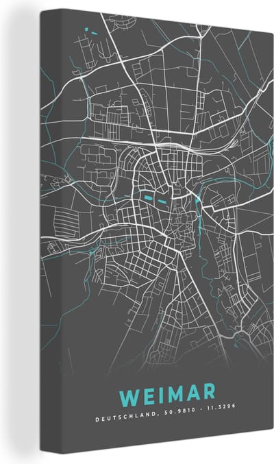 Canvas Schilderij Duitsland – Blauw – Weimar – Stadskaart – Kaart – Plattegrond - 20x30 cm - Wanddecoratie