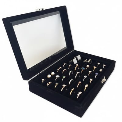 Ilènne - Sieradendoos Ringen & Oorbellen – Luxe Velours Ringendoos met Deksel – 7 Sleuven – Organizer voor 35-42 Ringen & Manchetknopen – Cadeau voor Haar
