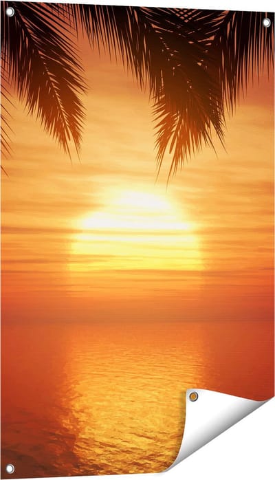 Gards Tuinposter Zonsondergang op het Strand met Palmbomen - 60x90 cm - Tuindoek - Tuindecoratie - Wanddecoratie buiten - Tuinschilderij