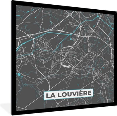 Fotolijst incl. Poster - Plattegrond – La Louvière – Blauw – Stadskaart - Kaart - 40x40 cm - Posterlijst
