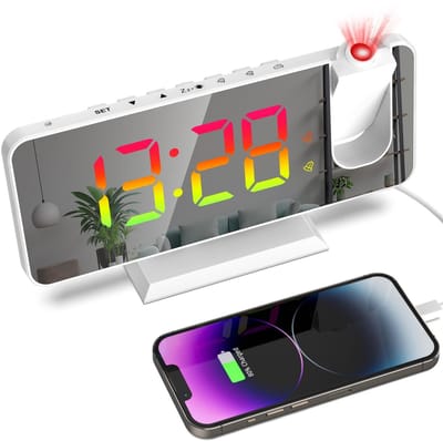 longziming -RGB Projectieklok met Dubbele Wekker – 7 Kleuren Display, 180° Draaibare Projectie & USB-Voeding