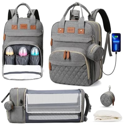 Joholic - Luiertas - Rugzak - Reistas - Baby Bed - 3 in 1 - Opvouwbaar - Waterdicht - USB poort - 41 x 32,5 x 20 cm - Grijs