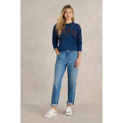White Stuff Julie Embordiered Jumper Mid Blue Size: 24 | Knitted Sweaters Outlet | Dames | Blauw
