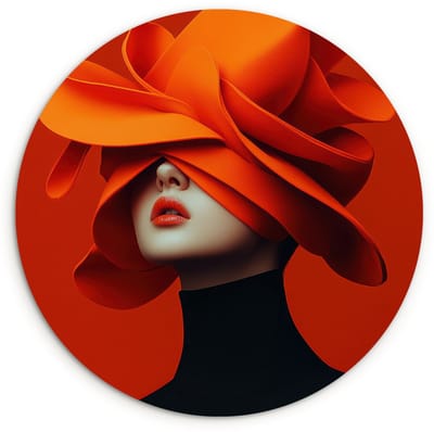 WallCircle® Wandcirkel 120x120 cm - Muurcirkel Oranje - Hoed - Vrouw - Muurdecoratie woonkamer - Wanddecoratie slaapkamer - Kamer decoratie accessoires - Ronde schilderijen XXL