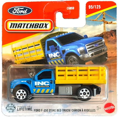 MATCHBOX FORD F-350 STAKE BED TRUCK CAMION Á RIDELLES 95-125 BLUE YELLOW JBT21 1:64 METAL