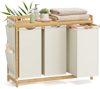 Wasmand 3 Vakken 3 x 50 L 94 x 33 x 78 cm Crèmewit – Grote Opberger