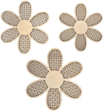 3-delige Rieten Wanddecoratie met Houten Margrieten, Boho Bloemen Wandkunst voor Kinderkamer en Interieurdecoratie