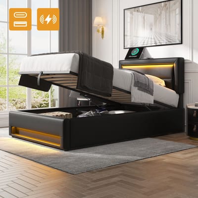OKWISH Gestoffeerd Bed 90x200 Cm – Met Usb Opladen En Led Verlichting – Opbergruimte Onder Bed – Zonder Matras – Pu – Zwart
