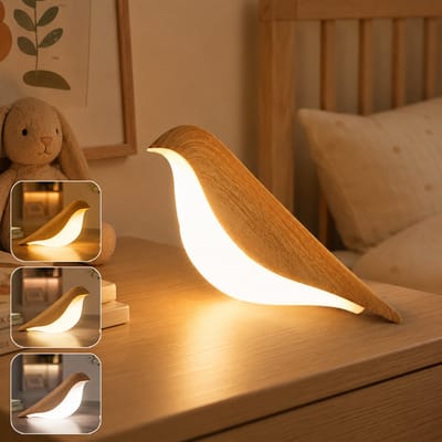 Rosnek Wipwap Vogel Nachtlampje met Aroma Diffuser - Draadloos Touch Dimbaar Tafellamp - 3 Kleuren LED Bureaulamp - Oplaadbaar - Houtnerfkleur - 1 Stuk