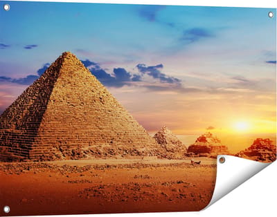 Gards Tuinposter Egyptische Piramides in de Woestijn - 90x60 cm - Tuindoek - Tuindecoratie - Wanddecoratie buiten - Tuinschilderij