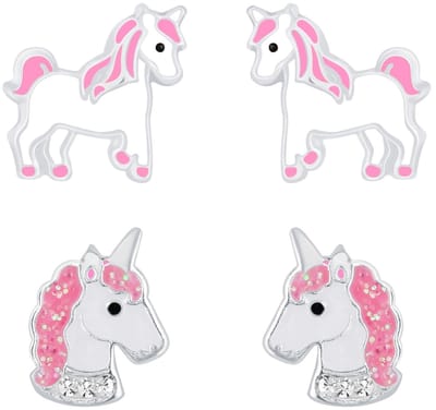 Joy|S - Zilveren eenhoorn oorbellen - set 2 paar - unicorn oorknoppen