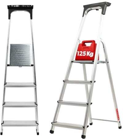 KADAX Aluminium ladder, staande ladder tot 125 kg, vouwladder voor senioren, aluminium veiligheidsladder, inklapbare ladder met plank, aluminium vouwladder, aluminium ladder (4 treden)