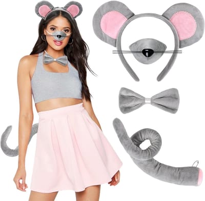 Halloween Muizenkostuum voor Dames met Oren, Neus, Staart en Strik - Dierenkostuum Accessoire voor Feestjes en Carnavals Thema's