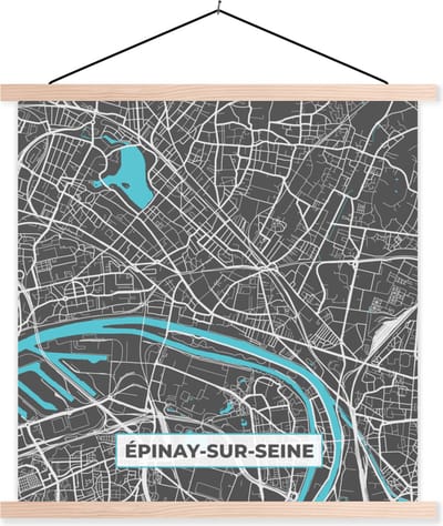 Posterhanger incl. Poster 40x40 cm - Schoolplaat - Frankrijk – Épinay-sur-Seine – Stadskaart – Plattegrond – Kaart - Textielposter - Blanke latten - Stadskaart