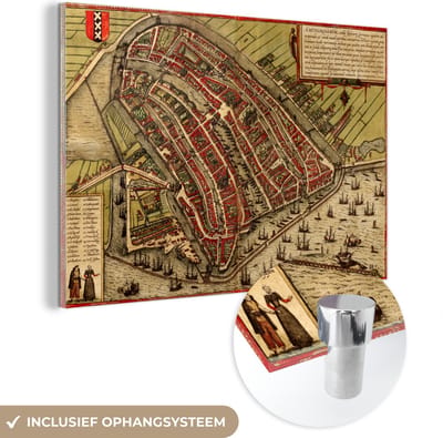 MuchoWow® Glasschilderij 60x40 cm - Schilderij acrylglas - Kaart - Amsterdam - Vintage - Foto op glas - Schilderijen