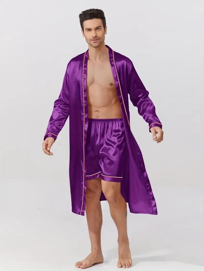ochtendjas badjas paars pyjama satijn heren nachtkleding goedkoop huispak comfort mannen glans elastisch lange mouwen korte broek