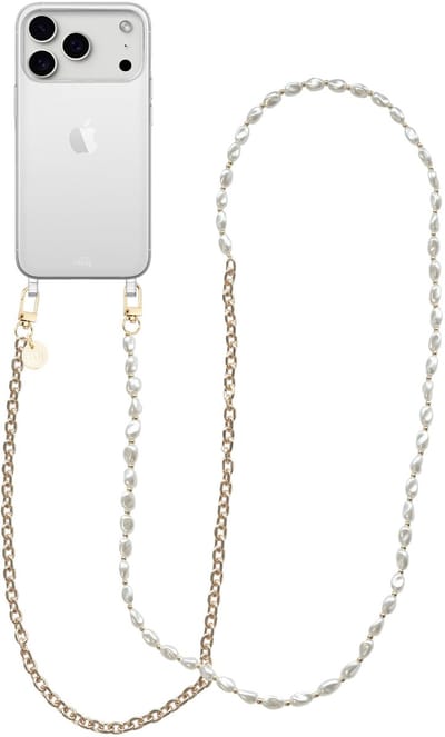 xoxo Wildhearts siliconen hoesje - Geschikt voor iPhone 17 Pro Max hoesje - Over The Moon - Telefoonhoesje - Hoesje met koord - Parelketting / Gouden schakelketting - lang telefoonkoord - Transparant hoesje (lange variant)