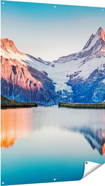 Gards Tuinposter Bergen Landschap bij het Meer - 100x150 cm - Tuindoek - Tuindecoratie - Wanddecoratie buiten - Tuinschilderij