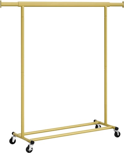 FurnStar - Kledingrek - Kledinghangers - Kledingrek op wieltjes - Kledingrek metaal - Kledingroede voor zwaar gebruik - Met uitschuifbare ophangrail - 90 kg draagvermogen - Eenvoudige montage - Draagbaar - 132 x 45.4 x 160 cm - Goud