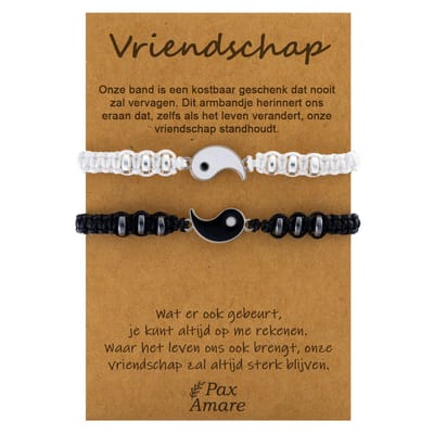 Vriendschapsarmbandjes voor 2 "Vriendschap" - Yin Yang - BFF Armbandjes met Cadeau Kaartje - Zwart & Wit - Elastisch Verstelbaar - Pax Amare