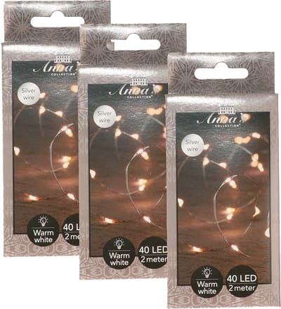 Anna's Collection Draadverlichting lichtsnoer - 3x - 40 led lampjes - warm wit - zilver draad - 200 cm - lichtdraad - kerstverlichting