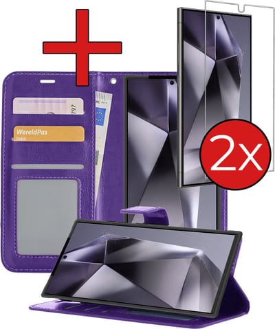 Hoesje - Met 2x Screenprotector - Geschikt voor Samsung Galaxy S24 Ultra - Luxe Pasjeshouder - Flip Case - Bookcase Portemonee - Kunstleer Book Case - Flipcase Hoes - Book Cover - Walletcase - Portemonneehoes - Telefoonhoes - Paars
