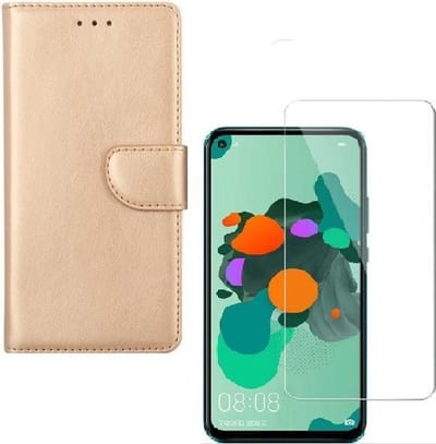 hoesje Geschikt voor: Huawei Mate 30 Lite Portemonnee Goud met 2 stuks Glas Screen protector