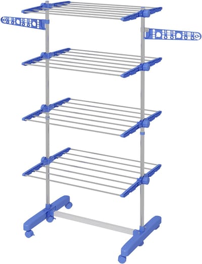 Droogrek opvouwbaar met zijvleugels binnen en buiten gebruik 142 x 55 x 172 cm 4 niveaus blauw