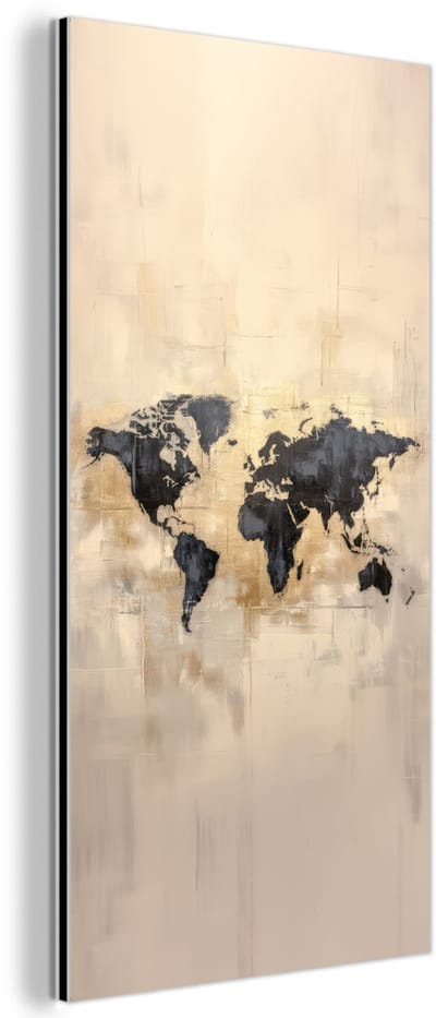 Aluminium schilderij 80x160 cm - Wanddecoratie metaal - Wereldkaart - Goud - Zwart - Abstract - Metalen muurdecoratie woonkamer - Decoratie industrieel - Foto op dibond - Industriële accessoires slaapkamer